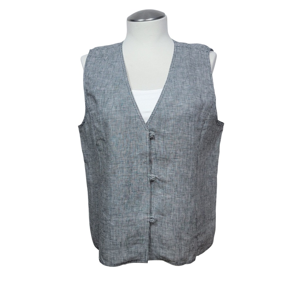 Orvis Vest Womens XL Blue White 100% Linen Houndstooth V-Neck Button Front
